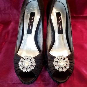 Black Satin Peep Toe Pumps